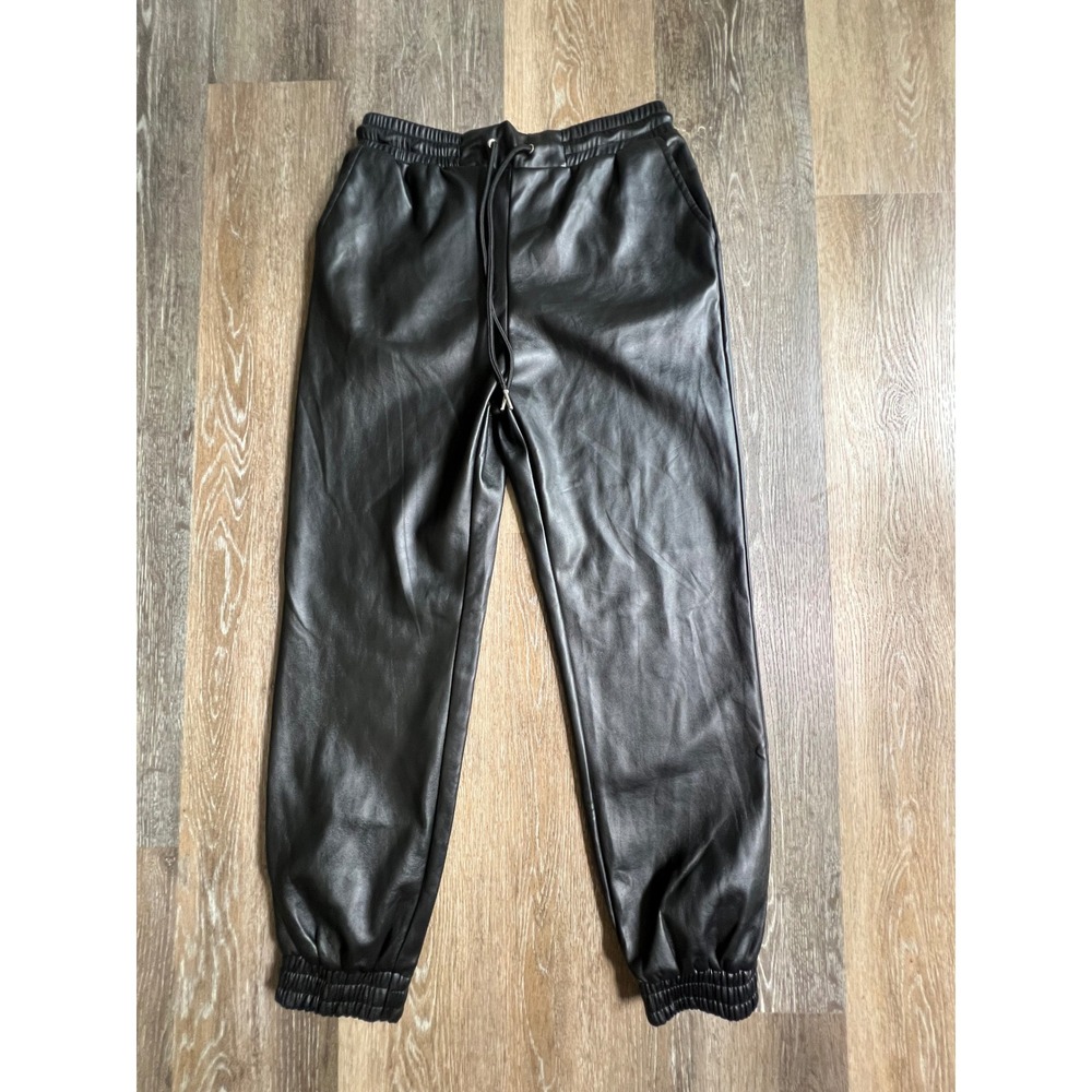 Francesca's Jogger Pants Women Large Black Faux Leather Drawstring Elastic Cuff